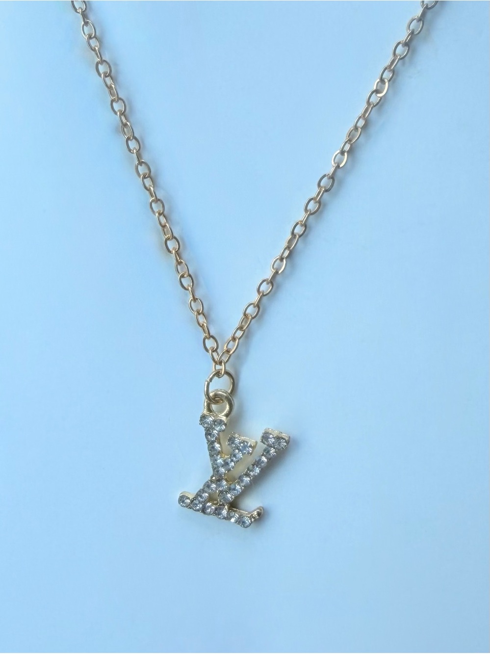LV Gold Initial Pendant Necklace with Clear Stones - Women's Jewelry